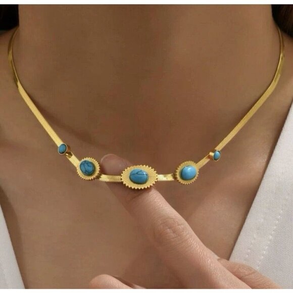 KB Jewelry - 18K Gold plated Turquoise Herringbone necklace Stainless Steel womens jewelry